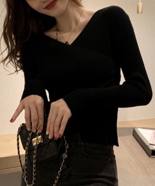 gossip!ロサンゼルス(ゴシップロサンゼルス)の「サイドボタンカシュクールニット(ニット/セーター・レディース・ベージュ/ホワイト/ブラック・FREE)」の7枚目の写真