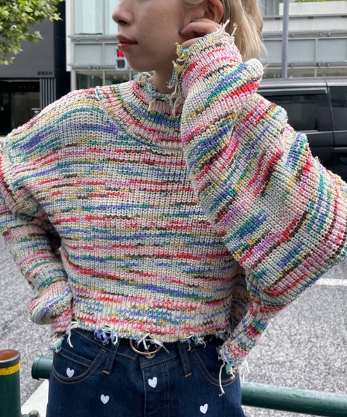 HELLO.SANFRANCISCO（ハローサンフランシスコ）の「【HELLO.SANFRANCISCO/ハローサンフランシスコ】MIXダメージクロップドニット（ニット/セーター・レディース・ピンク/グリーン・FREE）」の2枚目の写真