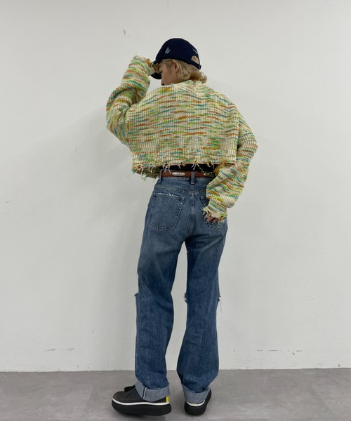 HELLO.SANFRANCISCO（ハローサンフランシスコ）の「【HELLO.SANFRANCISCO/ハローサンフランシスコ】MIXダメージクロップドニット（ニット/セーター・レディース・ピンク/グリーン・FREE）」の10枚目の写真