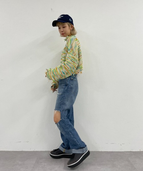 HELLO.SANFRANCISCO（ハローサンフランシスコ）の「【HELLO.SANFRANCISCO/ハローサンフランシスコ】MIXダメージクロップドニット（ニット/セーター・レディース・ピンク/グリーン・FREE）」の6枚目の写真