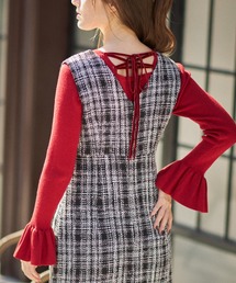 バックレースアップ袖口フリルリブニットプルオーバー