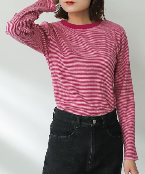 SENSE OF PLACE by URBAN RESEARCH（センスオブプレイスバイアーバンリサーチ）の「クルーネックリンガーボーダーTシャツ（Tシャツ/カットソー・レディース・ブラック系その他/ピンク系その他/グリーン系その他/ホワイト系その他・ONE）」の11枚目の写真