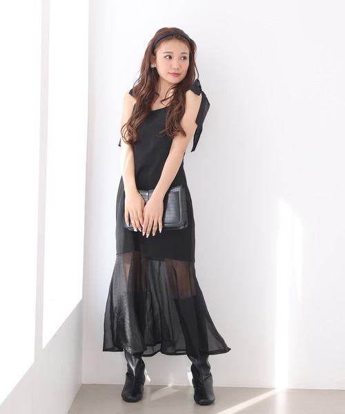 one after another NICE CLAUP（ワンアフターアナザーナイスクラップ）の「【リボンコレクション】肩リボンシアーマーメイドキャミワンピース（ワンピース・レディース・グレー/アイボリー/ブラック・FREE）」の7枚目の写真