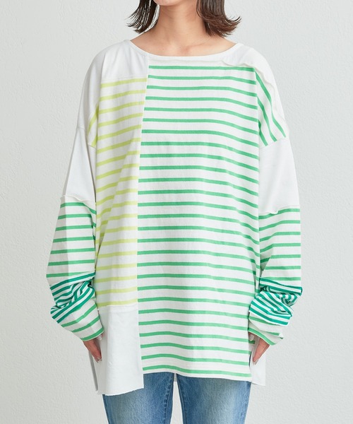 etsinta(エシンタ)の「【etsinta/エシンタ】リメイクバスクボーダーオーバーTEE(Tシャツ/カットソー・レディース・グリーン/オレンジ/ブルー・ONE SIZE)」の4枚目の写真