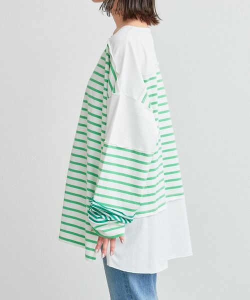 etsinta(エシンタ)の「【etsinta/エシンタ】リメイクバスクボーダーオーバーTEE(Tシャツ/カットソー・レディース・グリーン/オレンジ/ブルー・ONE SIZE)」の5枚目の写真