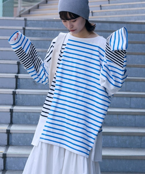 etsinta(エシンタ)の「【etsinta/エシンタ】リメイクバスクボーダーオーバーTEE(Tシャツ/カットソー・レディース・グリーン/オレンジ/ブルー・ONE SIZE)」の22枚目の写真