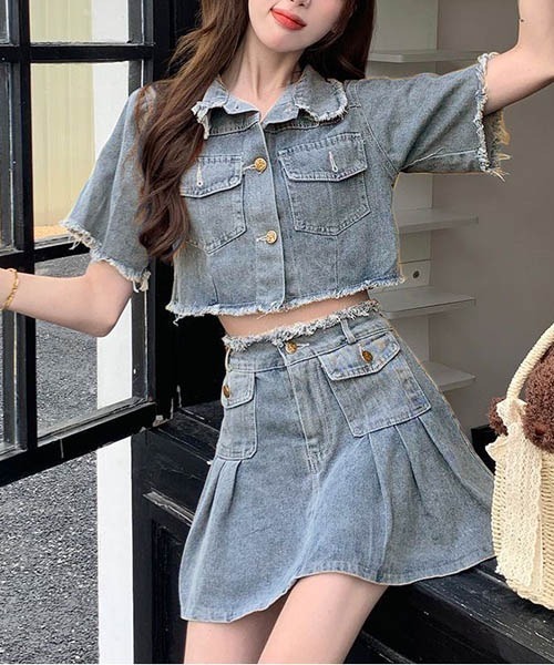 【セール】デニムジャケット+ ミニスカートセットアップ（セットアップ）｜gossip！ロサンゼルス（ゴシップロサンゼルス）