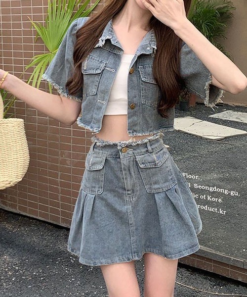 【セール】デニムジャケット+ ミニスカートセットアップ（セットアップ）｜gossip！ロサンゼルス（ゴシップロサンゼルス）