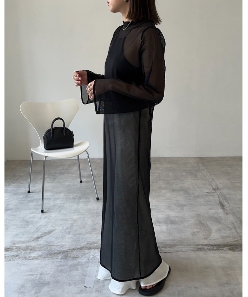 leimn（レイムン）の「メッシュシアーフレアワンピース（ワンピース・レディース・ブラック/アイボリー/グレー系・M）」の2枚目の写真