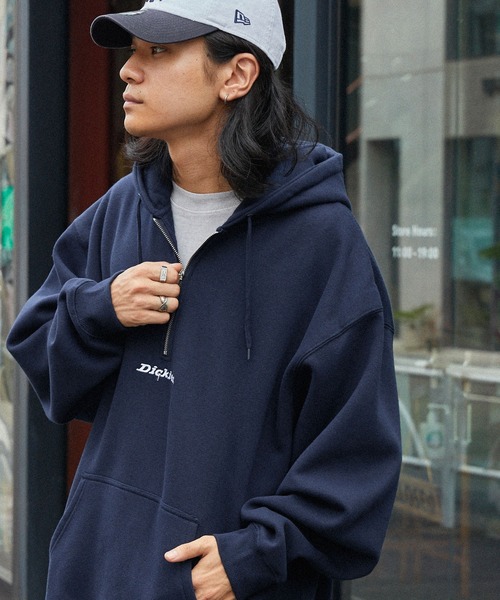 Dickies/ディッキーズ ロゴ刺繍 裏起毛オーバーサイズ ハーフジップ