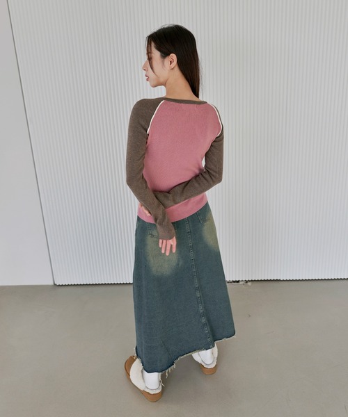 美品liten リテン バイカラーラクーンニットコーディガン 美品liten リテン バイカラーラクーンニットコーディガン