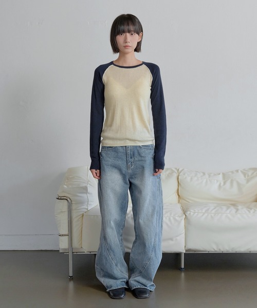 UNE MANSION（ユヌマンション）の「【UNE ORIGINAL】バイカラーラグランシンプルトーンニット（ニット/セーター・レディース・ベージュ/ネイビー/スカイブルー/アイボリー/グレー/ピンク/ブルー/チャコール・FREE）」の19枚目の写真