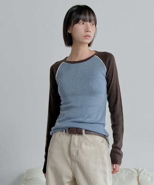 セール】【UNE ORIGINAL】バイカラーラグランシンプルトーンニット