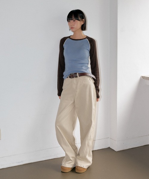 セール】【UNE ORIGINAL】バイカラーラグランシンプルトーンニット