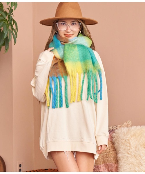 anap mimpi(アナップミンピ)の「起毛フェイクウール大判チェックマフラー(マフラー・レディース・グリーン/ブルー・FREE)」の7枚目の写真