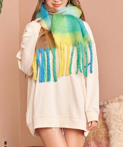 anap mimpi(アナップミンピ)の「起毛フェイクウール大判チェックマフラー(マフラー・レディース・グリーン/ブルー・FREE)」の12枚目の写真