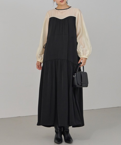 LAVEANGE（ラビアンジェ）の「配色ティアードワンピース（ワンピース・レディース・ブラウン/ネイビー/ブラック・LL/5L/M/4L/3L）」の2枚目の写真