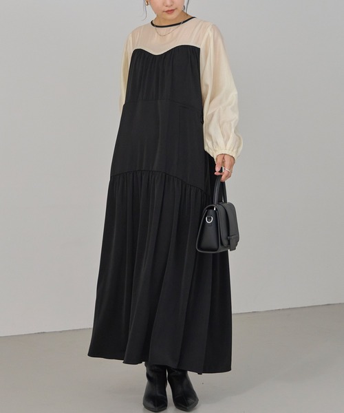 LAVEANGE（ラビアンジェ）の「配色ティアードワンピース（ワンピース・レディース・ブラウン/ネイビー/ブラック・LL/5L/M/4L/3L）」の5枚目の写真