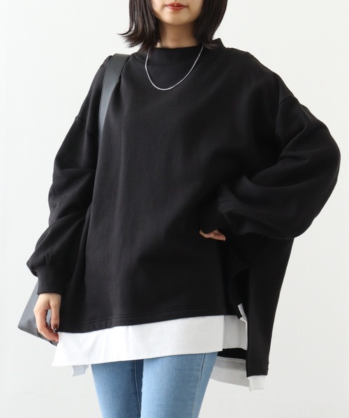 atONE(アットワン)の「atONE 裏起毛レイヤード風ハイネックトレーナー(スウェット・レディース・ダークグリーン/ブラック/オートミール/杢グレー・LL~3L/4L~5L/M~L)」の2枚目の写真