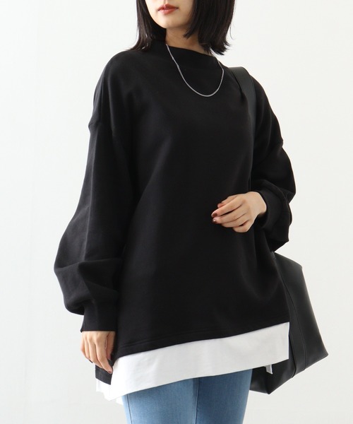 atONE(アットワン)の「atONE 裏起毛レイヤード風ハイネックトレーナー(スウェット・レディース・ダークグリーン/ブラック/オートミール/杢グレー・LL~3L/4L~5L/M~L)」の6枚目の写真