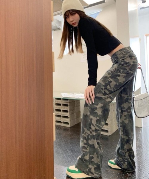 セール】【CANVAS+】迷彩柄ワイドストレートワークパンツ
