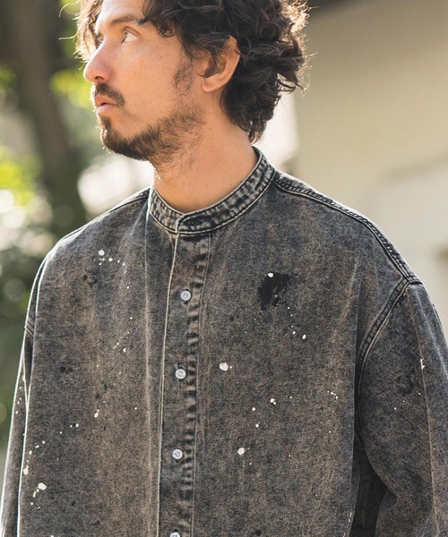 CAMBIO（カンビオ）の「ms5513- Chemical Wash Damage Denim Band Collar Shirts デニムシャツ（シャツ/ブラウス・メンズ・ブラック/インディゴブルー・M/S/L）」の3枚目の写真