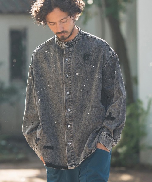 CAMBIO（カンビオ）の「ms5513- Chemical Wash Damage Denim Band Collar Shirts デニムシャツ（シャツ/ブラウス・メンズ・ブラック/インディゴブルー・M/S/L）」の4枚目の写真