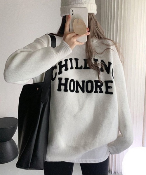 SHEENA（シーナ）の「CHILLINGロゴジャガードニットトップス（ニット/セーター・レディース・ブラック/ホワイト・M）」の2枚目の写真