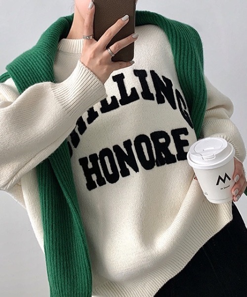 SHEENA（シーナ）の「CHILLINGロゴジャガードニットトップス（ニット/セーター・レディース・ブラック/ホワイト・M）」の5枚目の写真
