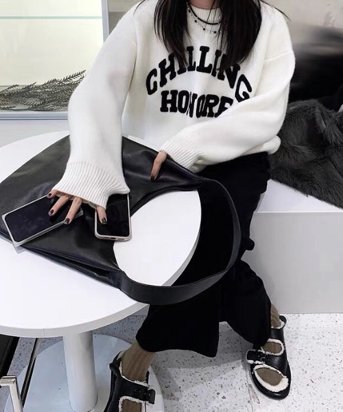 SHEENA（シーナ）の「CHILLINGロゴジャガードニットトップス（ニット/セーター・レディース・ブラック/ホワイト・M）」の8枚目の写真