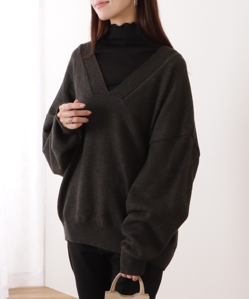 Lace Ladies(レースレディース)の「ディープ Vネック オーバー ニット プルオーバー(ニット/セーター・レディース・ダークグレー/アイボリー/グリーン/ベージュ・FREE)」の7枚目の写真