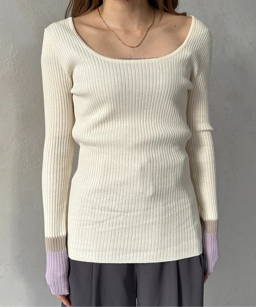 Thevon(ゼボン)の「スクエアネック配色スリーブニット(ニット/セーター・レディース・ベージュ/パープル/オフホワイト・FREE)」の20枚目の写真