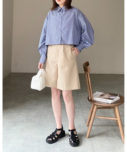 She's Closet（シーズクローゼット）の「レギュラーカラーボリュームスリーブタックショート丈長袖ストライプシャツ（シャツ/ブラウス・レディース・ブラック/ホワイト/ピンク/ネイビー・FREE）」の16枚目の写真