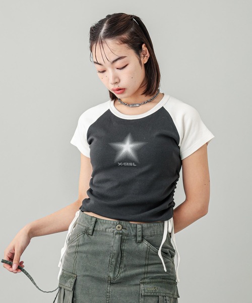 X-girl（エックスガール）の「DOTTED STAR S/S RAGRAN BABY TOP（Tシャツ/カットソー・レディース・オリーブ/ピンク/チャコール・S/M）」の13枚目の写真