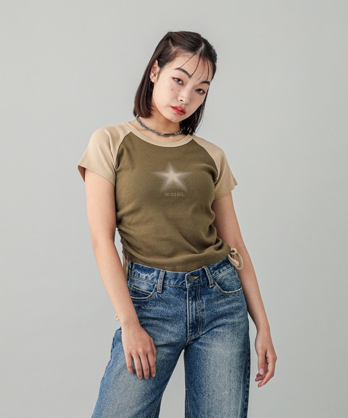 X-girl（エックスガール）の「DOTTED STAR S/S RAGRAN BABY TOP（Tシャツ/カットソー・レディース・オリーブ/ピンク/チャコール・S/M）」の21枚目の写真
