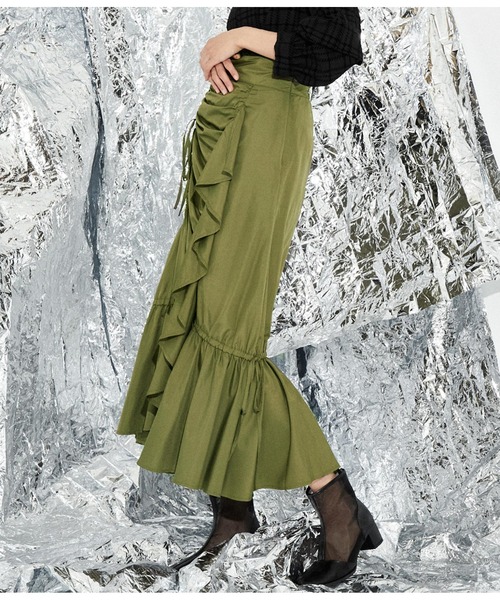 Settimissimo（セッティミッシモ）の「タフタマーメーイド シャーリング フリルスカート ロング（スカート・レディース・ブラック/カーキ・FREE）」の3枚目の写真