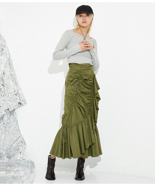 Settimissimo（セッティミッシモ）の「タフタマーメーイド シャーリング フリルスカート ロング（スカート・レディース・ブラック/カーキ・FREE）」の9枚目の写真
