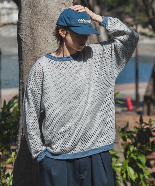Adoon plain（アドーンプレーン）の「バイカラーメッシュニット（ニット/セーター・メンズ・ブルー/アイボリー・MEDIUM/LARGE）」の3枚目の写真