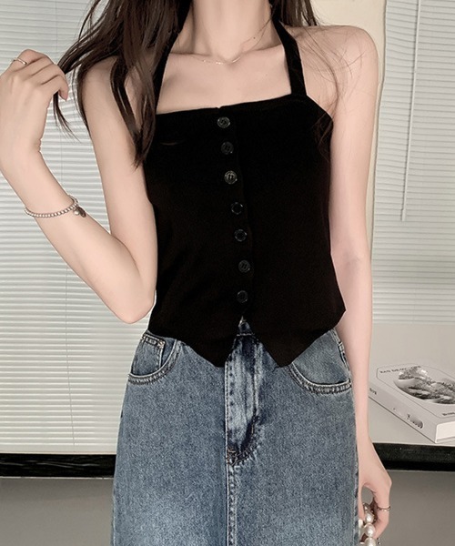 Miniministore(ミニミニストア)の「ホルターネック キャミソール ニット 夏(キャミソール・レディース・ブラック/ベージュ/ホワイト/ピンク・FREE)」の3枚目の写真