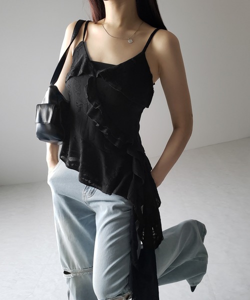 me ダークグリーン フリルキャミソール me+em select tシャツ 「 2color 」アシンメトリーダメージ