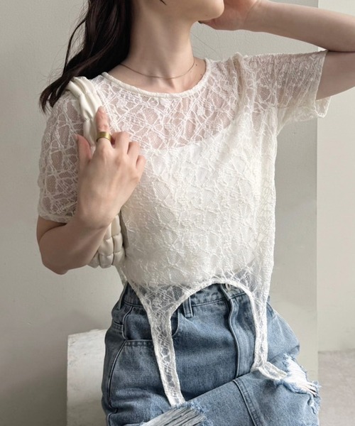 one after another NICE CLAUP(ワンアフターアナザーナイスクラップ)の「ガーターデザイントップス(Tシャツ/カットソー・レディース・アイボリー/ベージュ系その他/チャコールグレー・FREE)」の1枚目の写真
