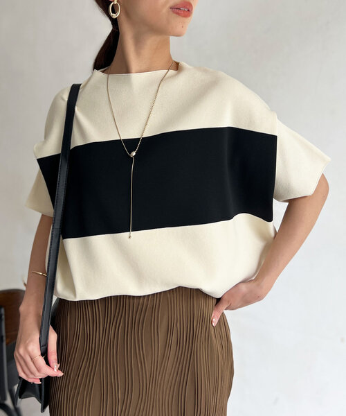tシャツ バイカラーダブルニットハーフスリーブプルオーバー レディース Chez toi（シェトワ）の「バイカラー軽量アップスリーブプル