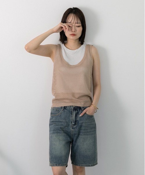 古着 フリンジ付き 透かし編み シースルー タンクトップ レディースM相当 /eaa550619 miniministore タンクトップ 透かし編みニット 重ね着【ゆう