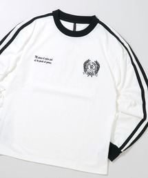 oversize sleeve line ringer long sleeve T-shirt/オーバーサイズ 袖ライン フロント刺繍 リンガー ロングスリーブTシャツ レディース メンズ