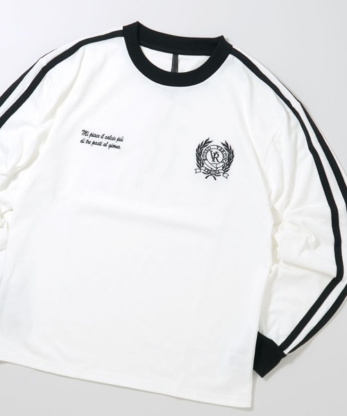 Ritzy(リッツィー)の「oversize sleeve line ringer long sleeve T-shirt/オーバーサイズ 袖ライン フロント刺繍 リンガー ロングスリーブTシャツ レディース メンズ(Tシャツ/カットソー・メンズ・ホワイト系その他/ブラック/ブラック系その他/ホワイト・M/L/XL/S)」の3枚目の写真