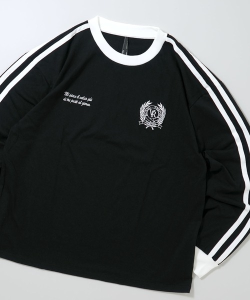 Ritzy(リッツィー)の「oversize sleeve line ringer long sleeve T-shirt/オーバーサイズ 袖ライン フロント刺繍 リンガー ロングスリーブTシャツ レディース メンズ(Tシャツ/カットソー・メンズ・ホワイト系その他/ブラック/ブラック系その他/ホワイト・M/L/XL/S)」の4枚目の写真