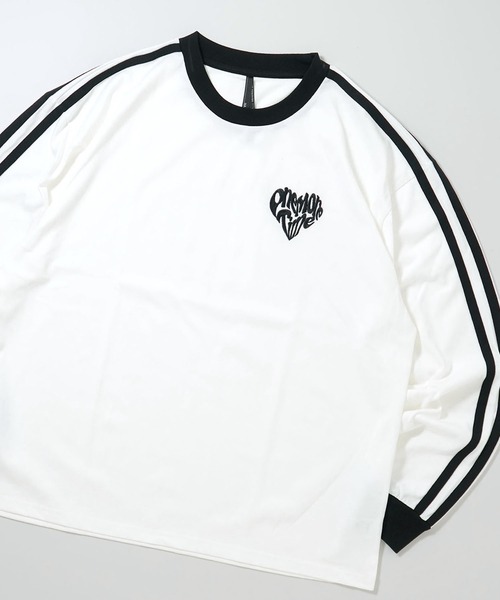 Ritzy(リッツィー)の「oversize sleeve line ringer long sleeve T-shirt/オーバーサイズ 袖ライン フロント刺繍 リンガー ロングスリーブTシャツ レディース メンズ(Tシャツ/カットソー・メンズ・ホワイト系その他/ブラック/ブラック系その他/ホワイト・M/L/XL/S)」の2枚目の写真