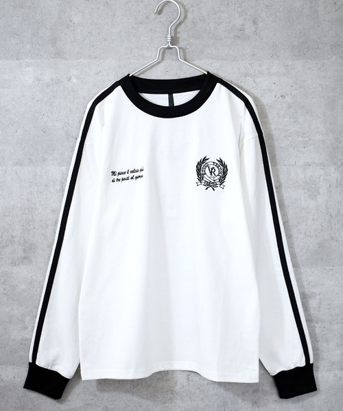 Ritzy(リッツィー)の「oversize sleeve line ringer long sleeve T-shirt/オーバーサイズ 袖ライン フロント刺繍 リンガー ロングスリーブTシャツ レディース メンズ(Tシャツ/カットソー・メンズ・ホワイト系その他/ブラック/ブラック系その他/ホワイト・M/L/XL/S)」の8枚目の写真