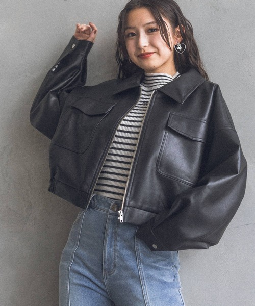 【セール】フェイクレザーショートジャケット(その他アウター)|repipi armario(レピピ アルマリオ) 【セール】フェイクレザーショートジャケット(その他アウター)|repipi armario(レピピ アルマリオ)