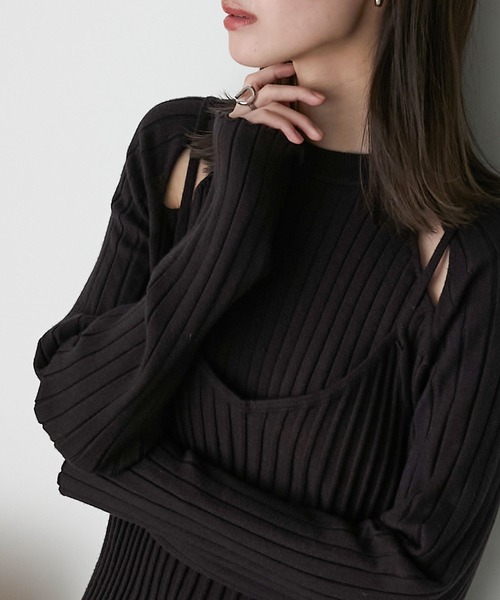 forksy.(フォルクシー)の「【forksy.】2wayキャミレイヤードリブニット/カットアウトショルダーワンピース(ニット/セーター・レディース・杢グレー/アイボリー/ブラウン系・FREE)」の3枚目の写真
